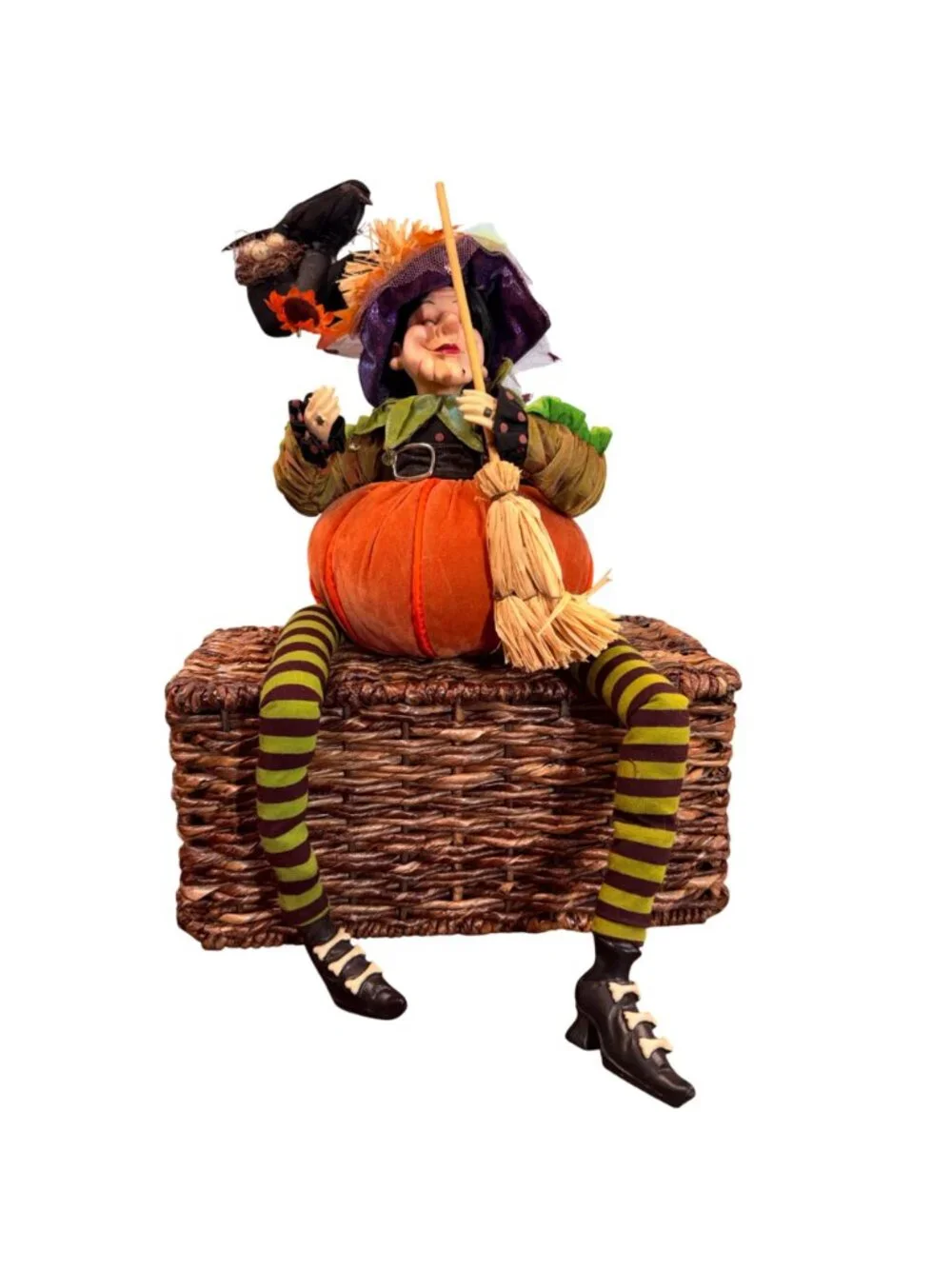 Rare find! Whimsical Halloween Pumpkin Witch Shelf Sitter Doll | Long Striped Le